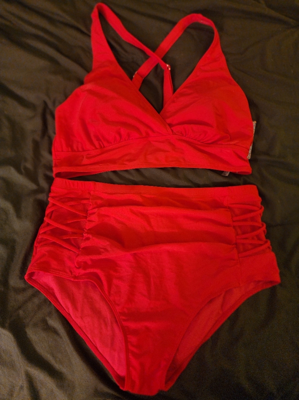 Younique Bright Red High-Waist Bikini Set with Strappy Top